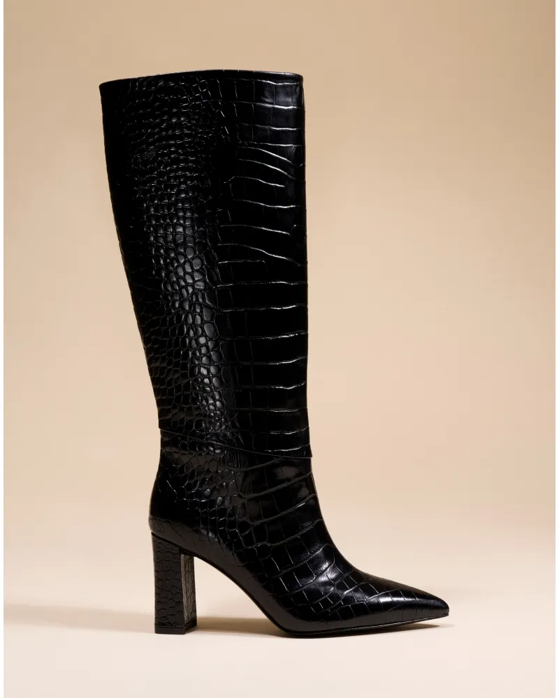 BLACK CROCODILE-STYLE BOOTS WITH HIGH BLOCK HEELS WASSILY BLACK CROC