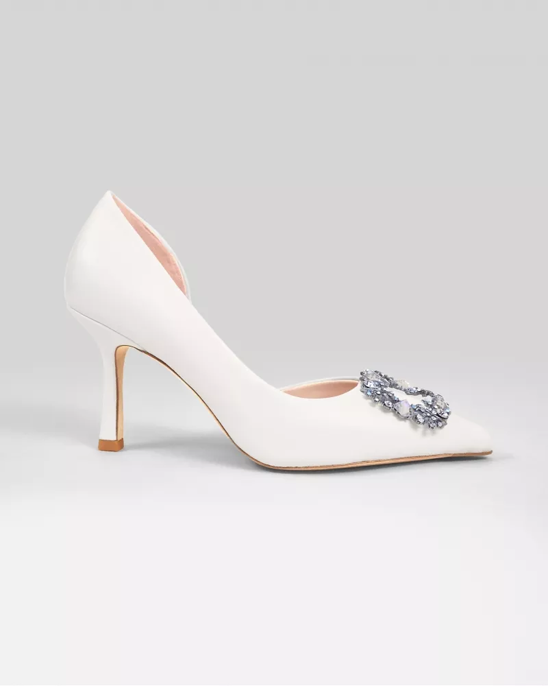 Pointy Pumps in white leather with rhinestones and crystal ornaments Astoria White Satin