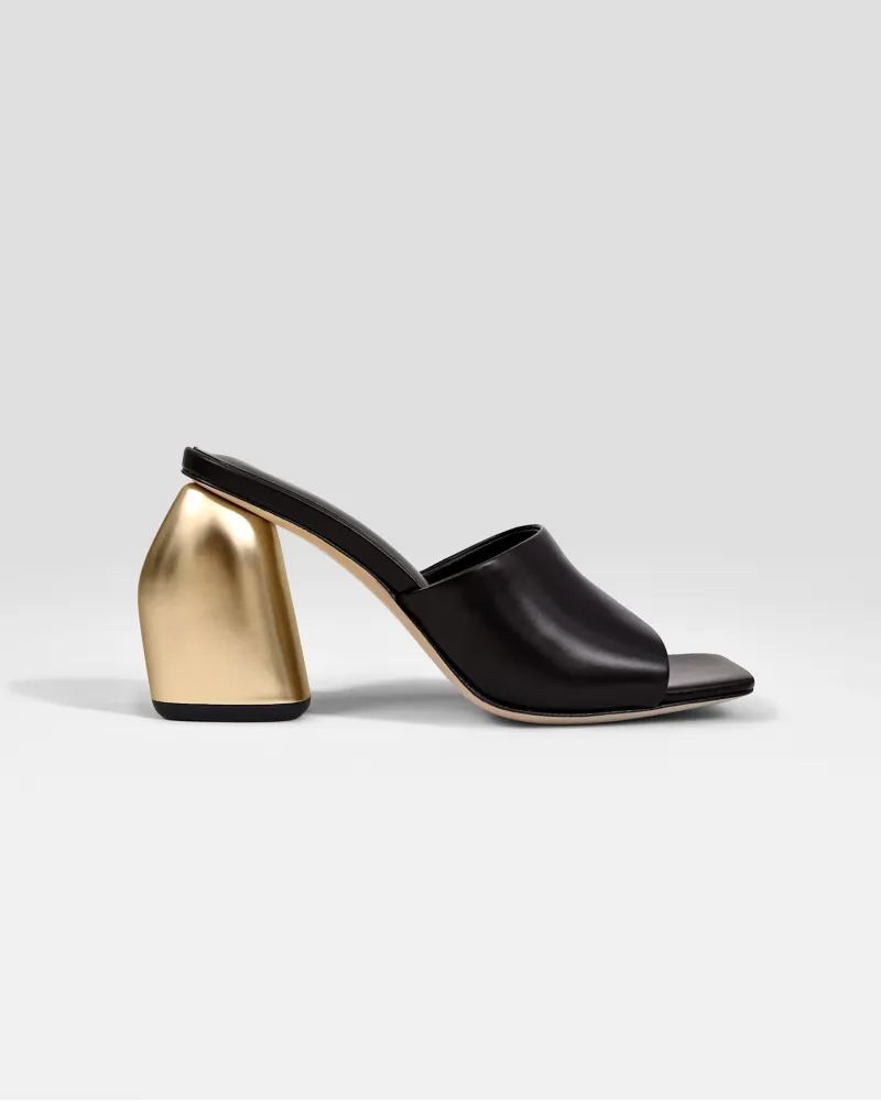 Mule en cuir noir à large talon haut doré Gemma High Black Gold