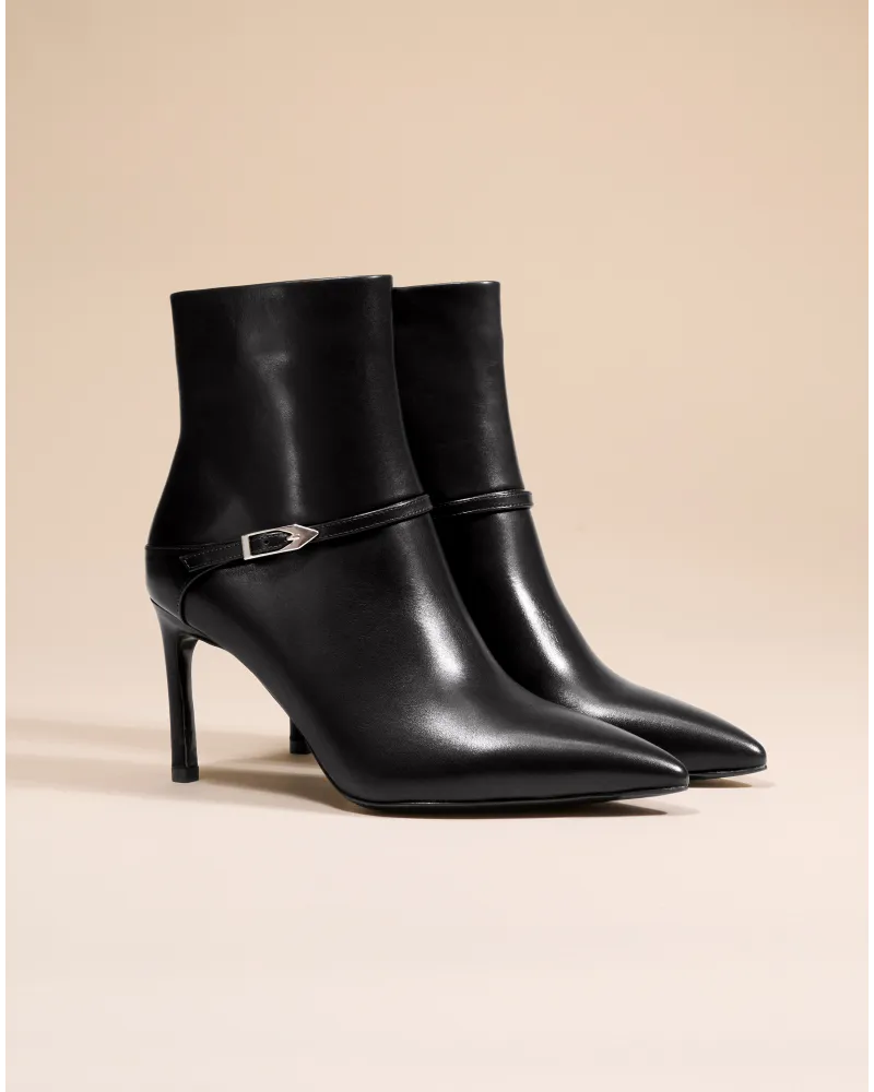 BOTTINES EN CUIR CHOCOLAT A BOUT POINTU ET TALON AIGUILLE CALLAS BLACK CALF