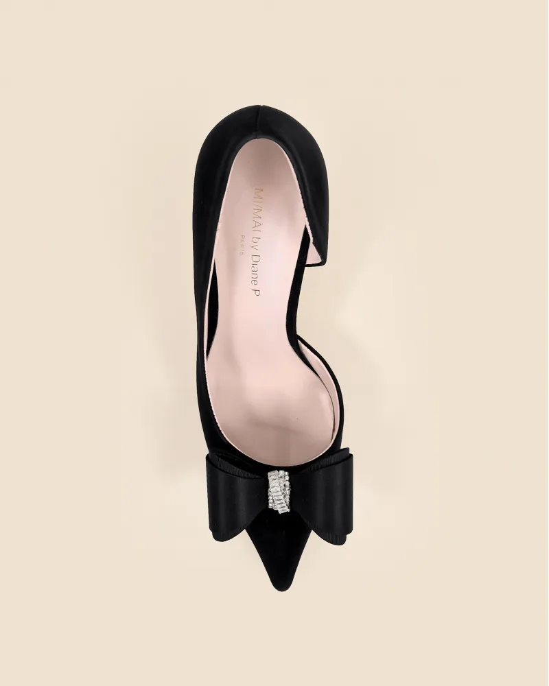 Escarpins noirs à bout pointu ornement noeud et strass Iris Black Leather