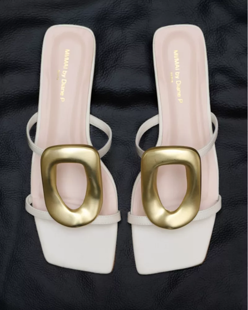 Kos White Flat Sandals with Golden Ornament