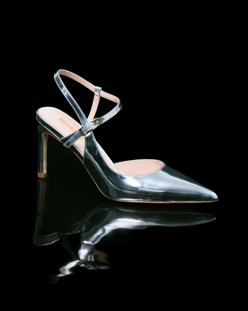 Slingback stiletto with pointed toe and silver leather strap Emy Silver Mirror