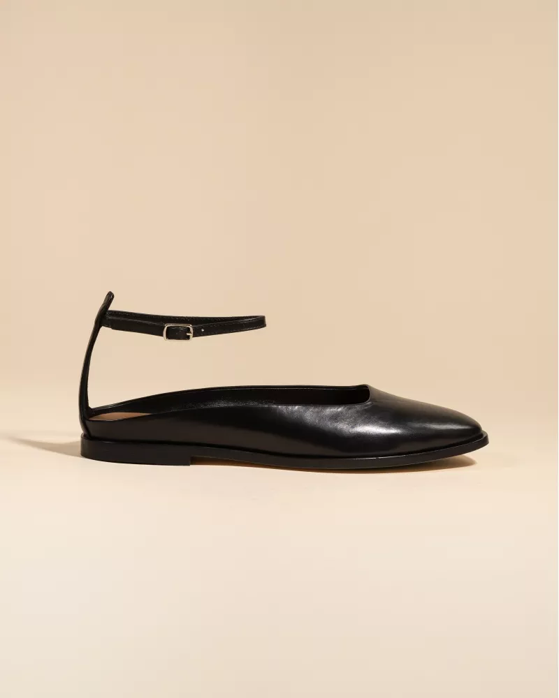 Ballerine ouverte à l'arrière à bride cheville en cuir noir Enid Black