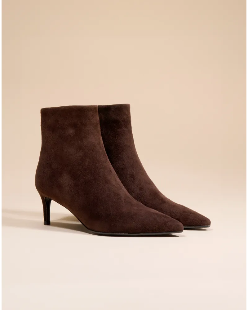 Bottines à talon et bout pointu Noura Low Chocolate Suede