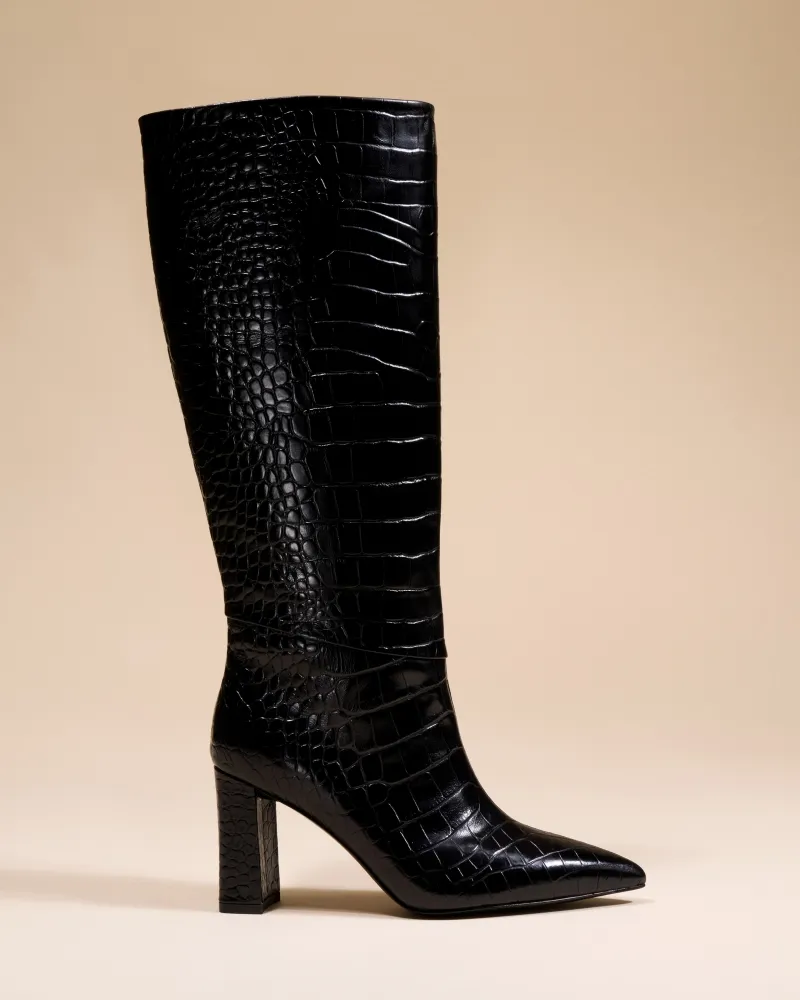 BLACK CROCODILE-STYLE BOOTS WITH HIGH BLOCK HEELS WASSILY BLACK CROC