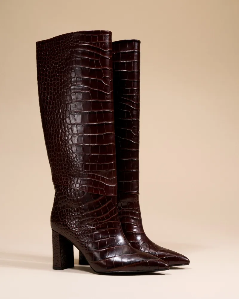 CHOCOLATE CROCODILE-STYLE BOOTS WITH HIGH BLOCK HEELS WASSILY CHOCOLATE CROC