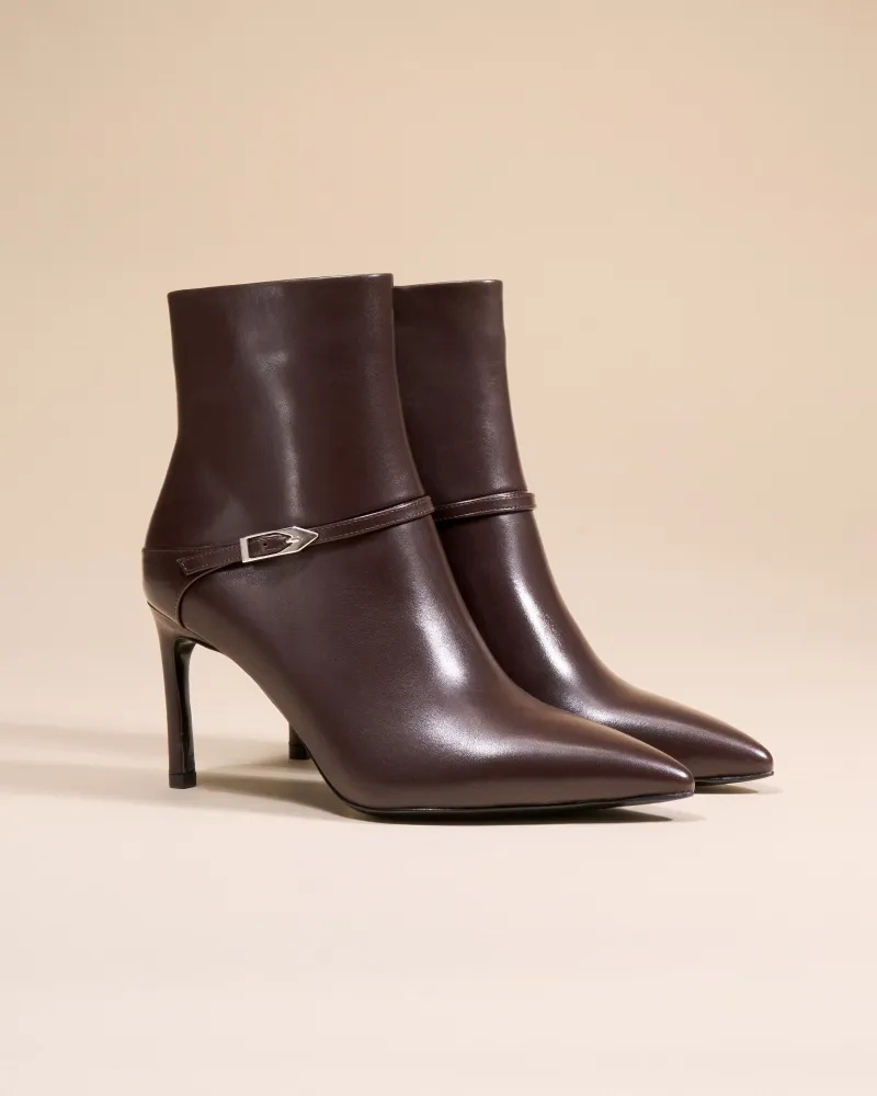 CHOCOLATE LEATHER LOW BOOTS WITH POINTED TOE AND STILETTO HEEL CALLAS CHOCOLATE