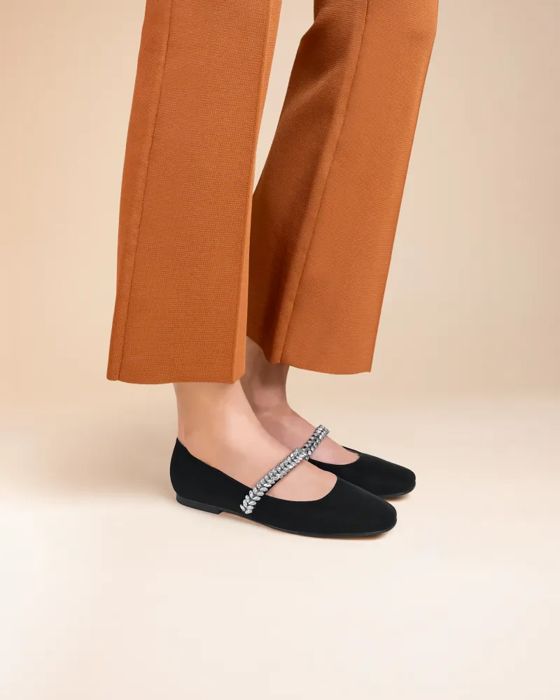 Black leather ballerina flats with rhinestones Patsy Black