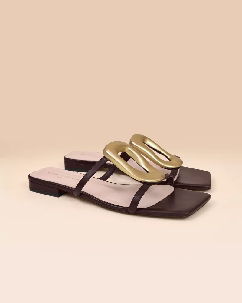 Kos Chocolate Flat Sandals with Golden Ornament
