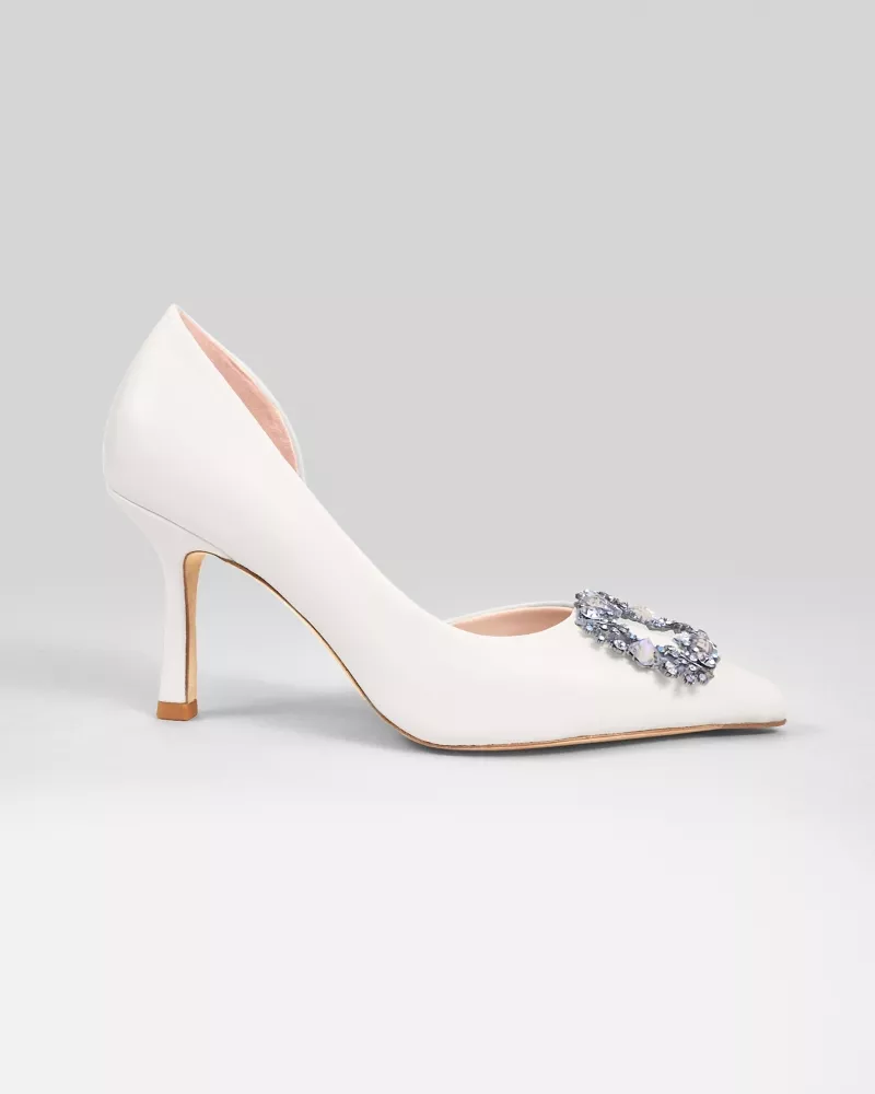 Pointy Pumps in white leather with rhinestones and crystal ornaments Astoria White Satin