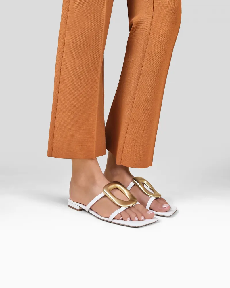 Kos White Flat Sandals with Golden Ornament