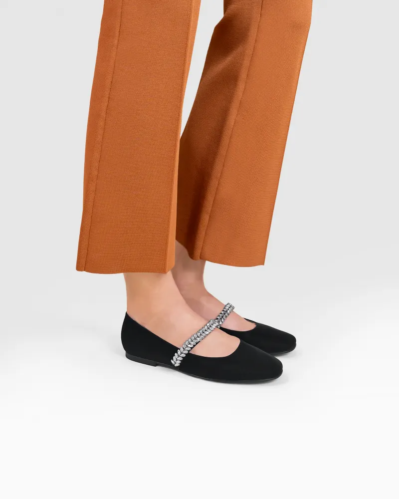 Black leather ballerina flats with rhinestones Patsy Black