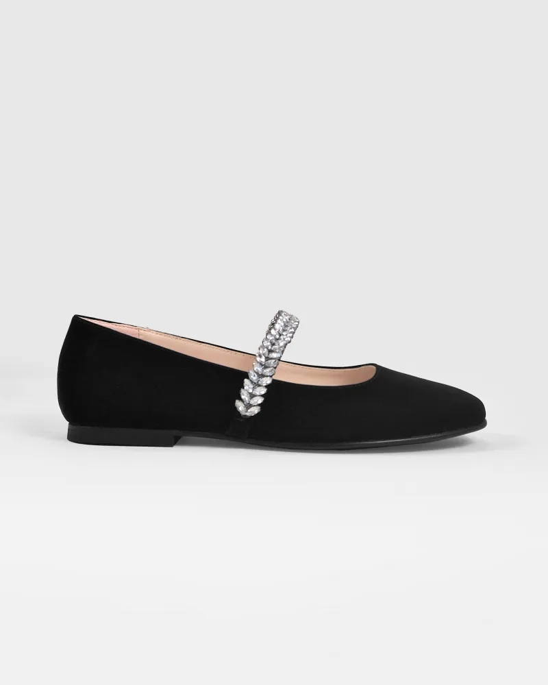Black leather ballerina flats with rhinestones Patsy Black
