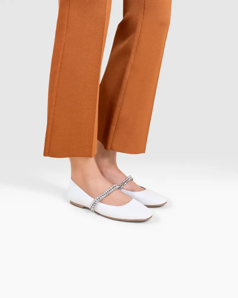 White leather ballerina flats with rhinestones Patsy White
