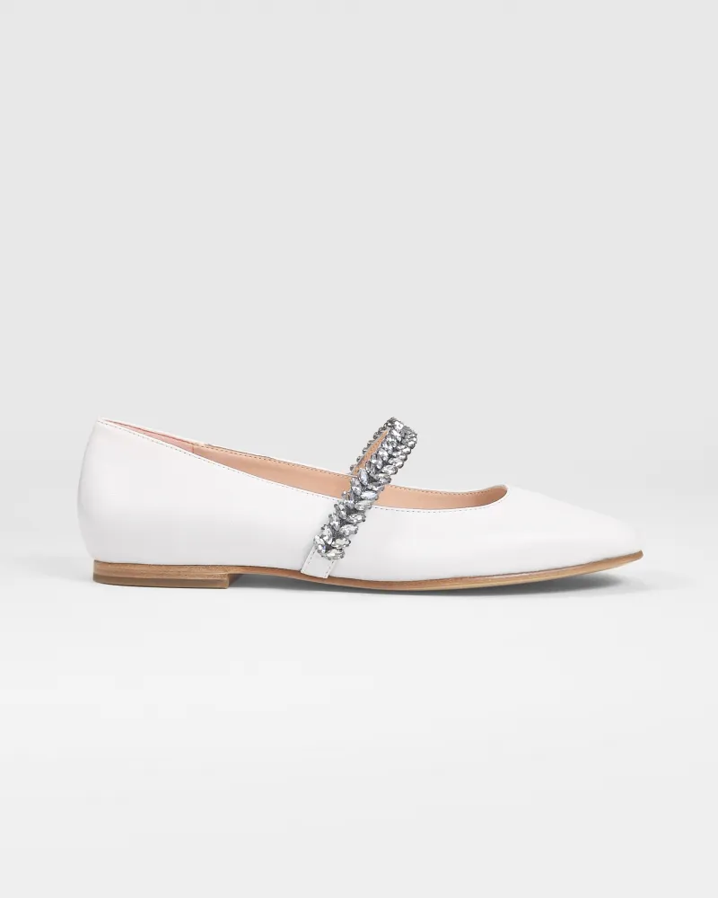White leather ballerina flats with rhinestones Patsy White