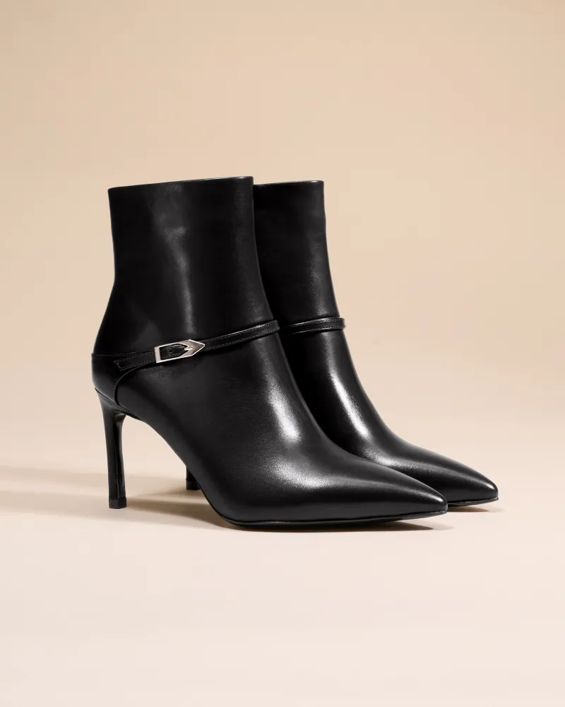 BLACK LEATHER LOW BOOTS WITH POINTED TOE AND STILETTO HEEL CALLAS BLACK CALF