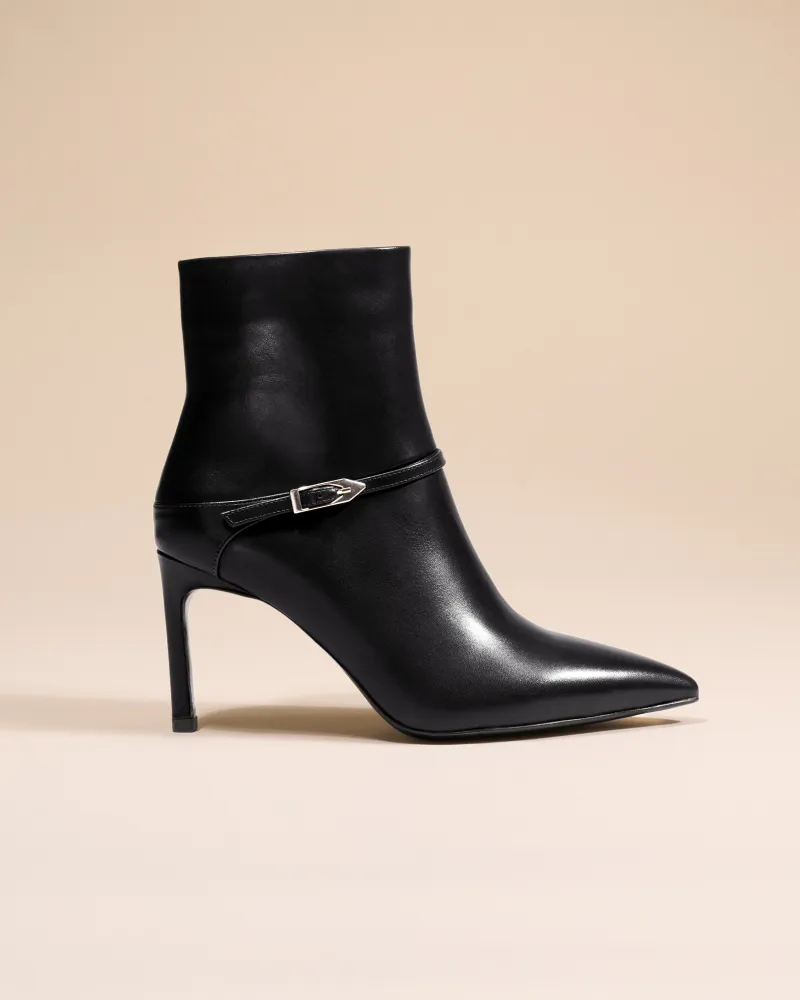 BLACK LEATHER LOW BOOTS WITH POINTED TOE AND STILETTO HEEL CALLAS BLACK CALF