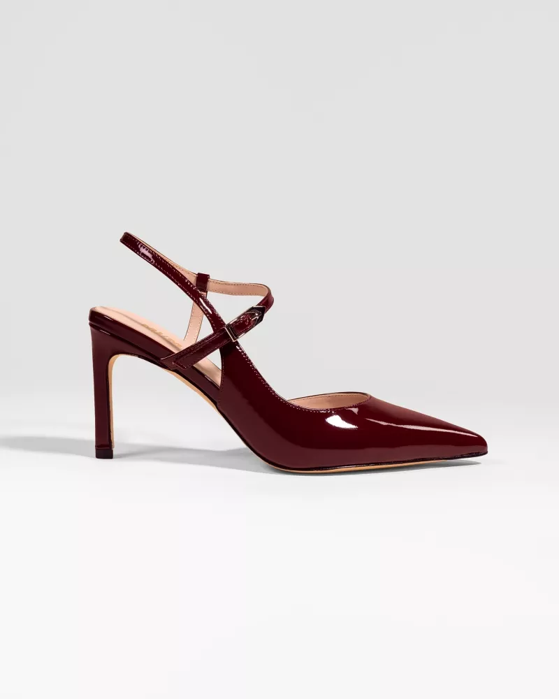 Leather slingback stiletto with pointed toe and strap Emy Burgundy Patent