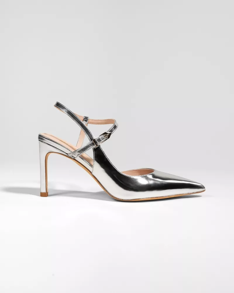 Slingback stiletto with pointed toe and silver leather strap Emy Silver Mirror