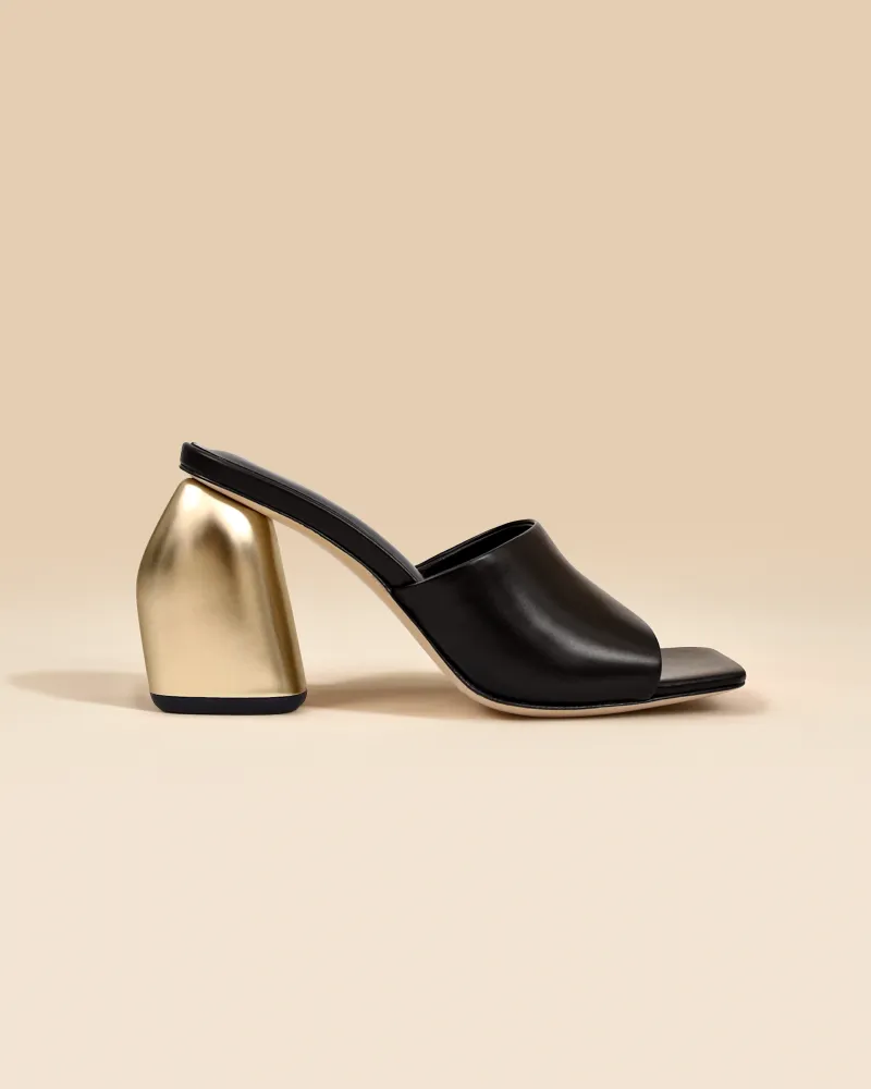 Leather mule with wide high heel Gemma High Black Gold