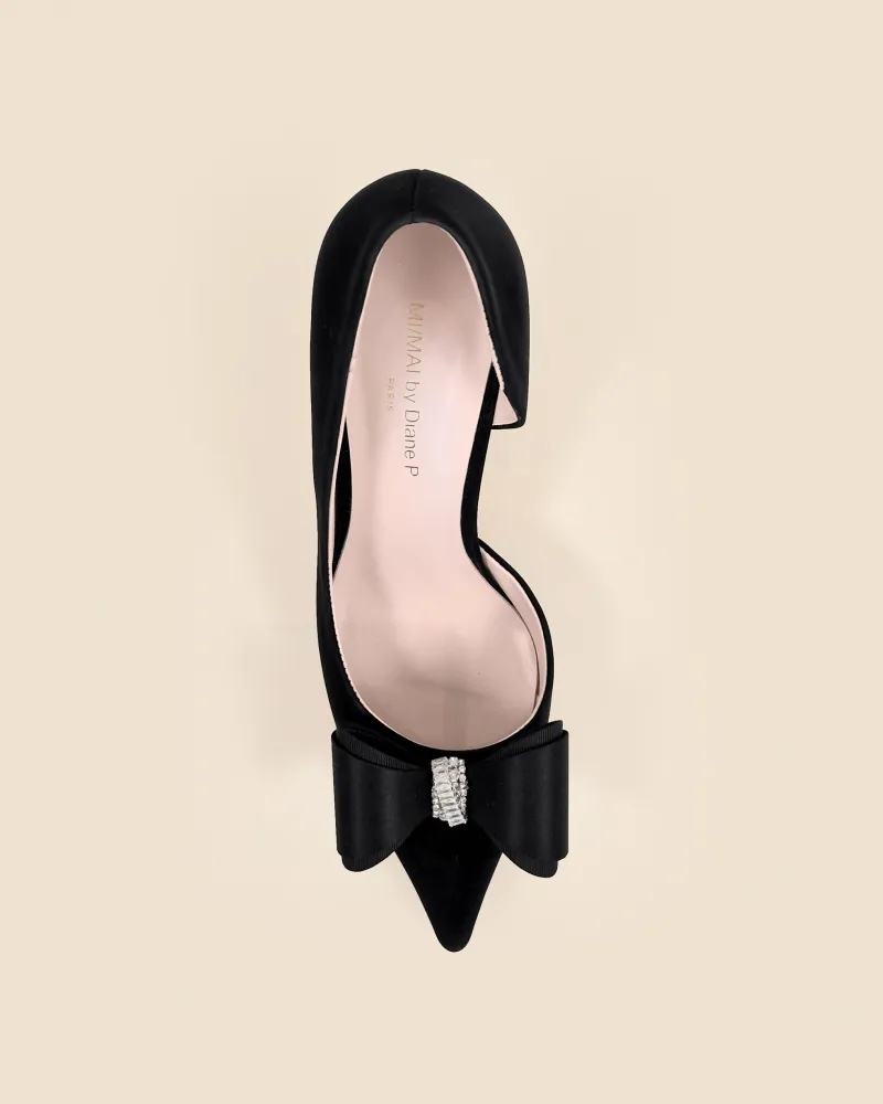 Pointed-toe pumps with bow and rhinestone embellishment Iris Black Leather