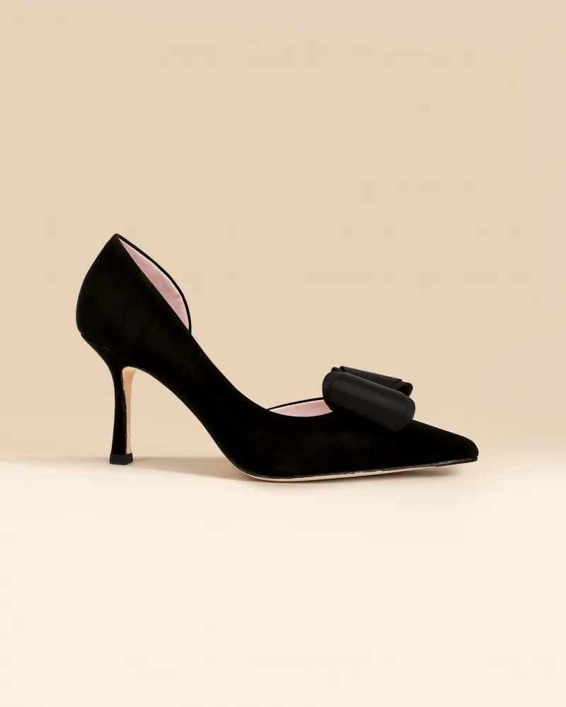 Pointed-toe pumps with bow and rhinestone embellishment Iris Black Leather