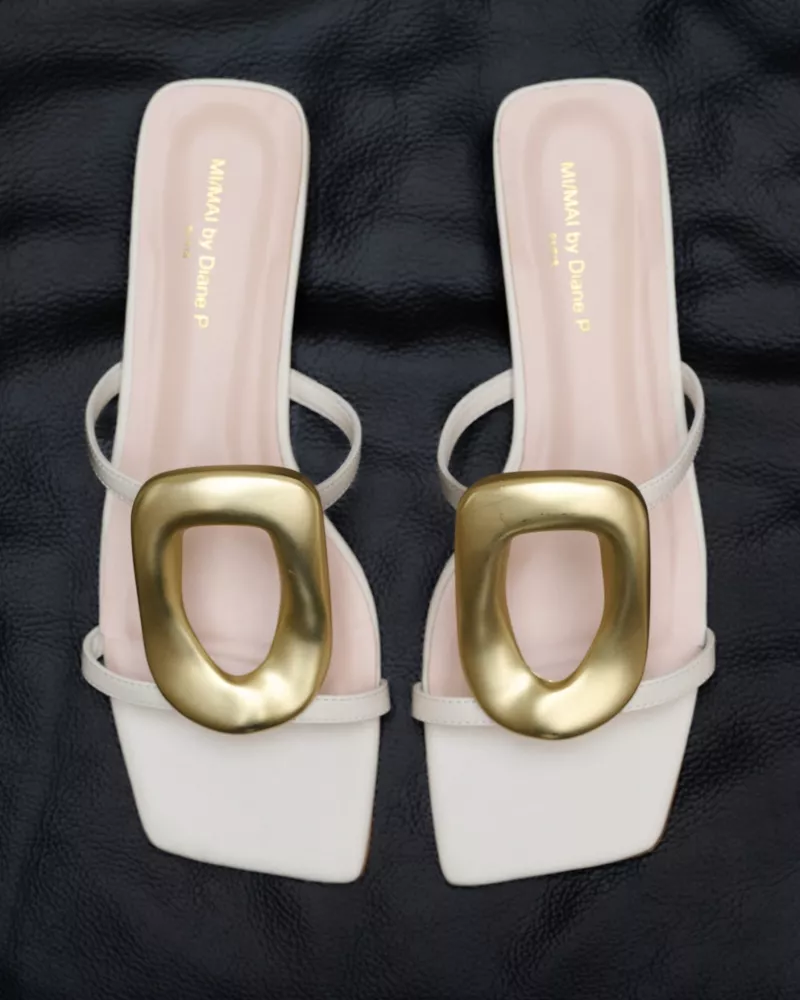 Kos White Flat Sandals with Golden Ornament