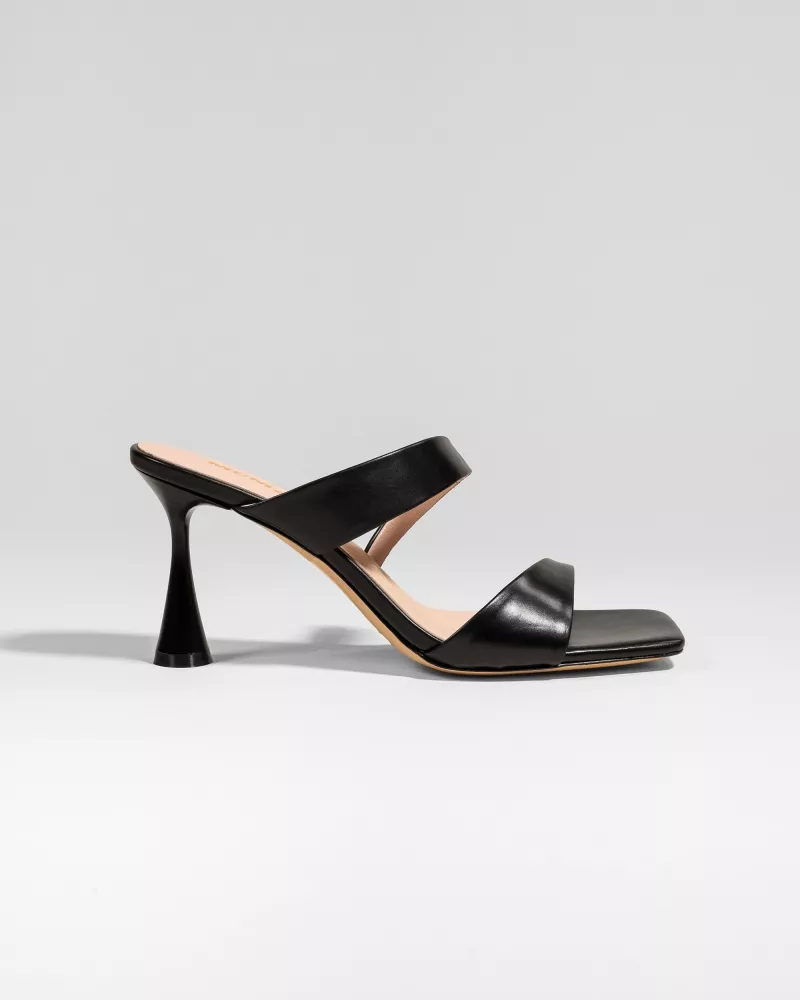 Black leather mule sandal with high heel and square toe Tara Black