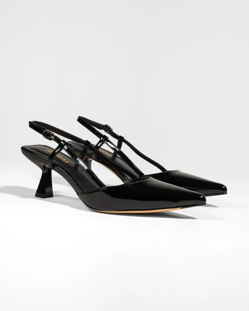 Black patent leather slingback stiletto Corto Black Mirror