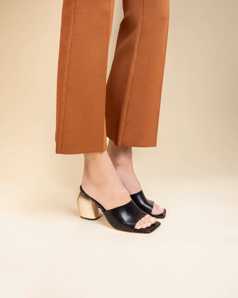 Leather mule with wide high heel Gemma High Black Gold