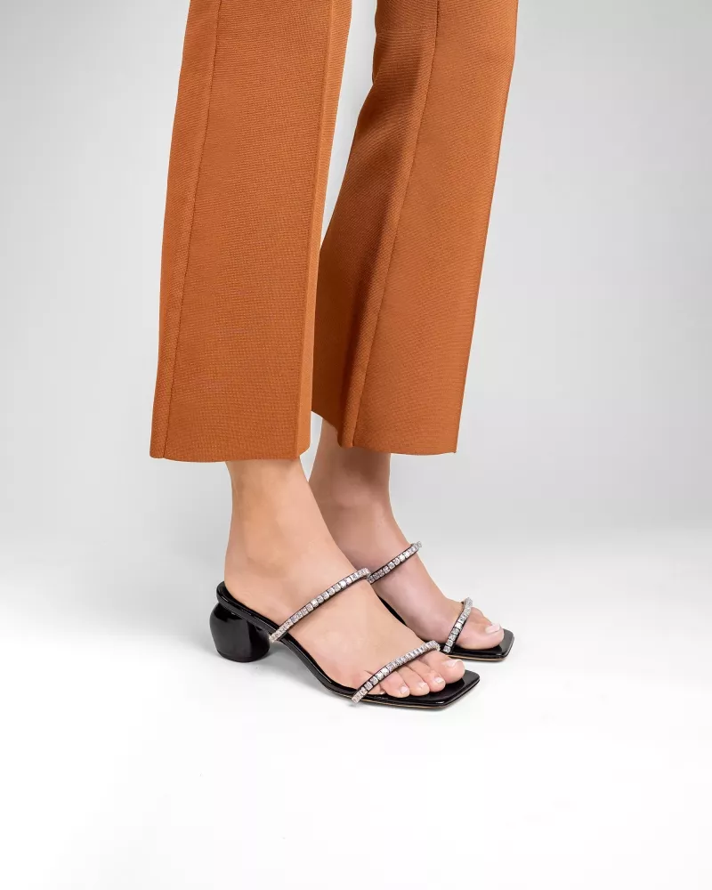 Mule sandal with small heel and rhinestone straps Tilda Low Black Crystals