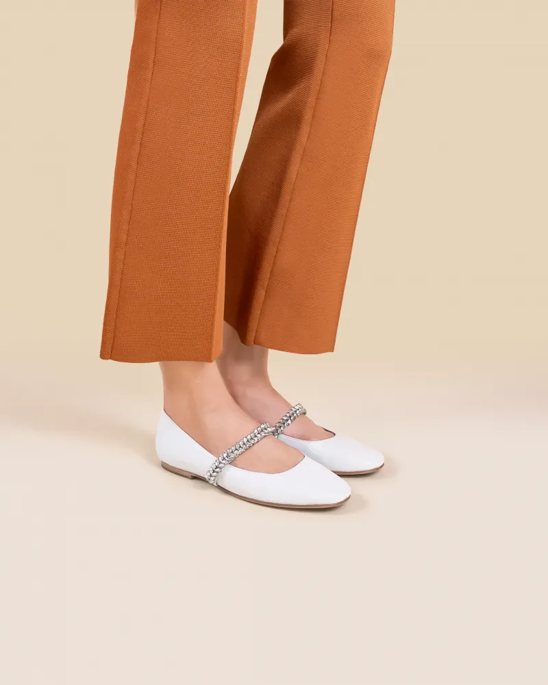 White leather ballerina flats with rhinestones Patsy White