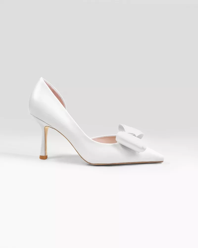 Pointy Pumps in white leather with bow and crystal ornaments Iris White Leather