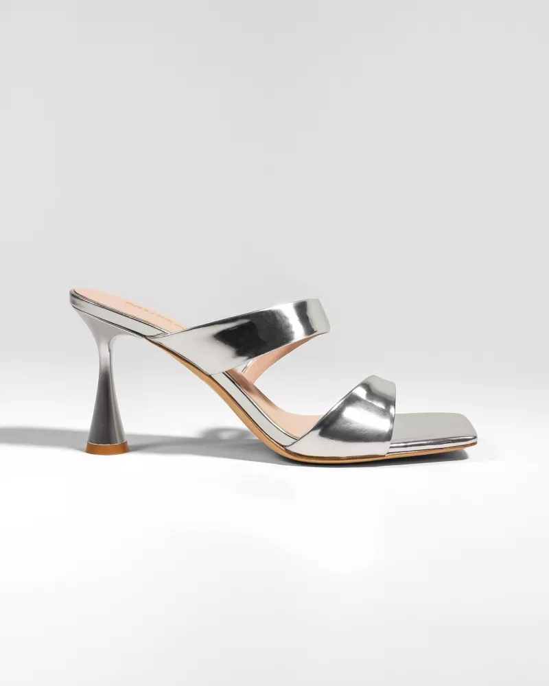 Mule sandal with high heel and square toe in silver-tone leather Tara Silver