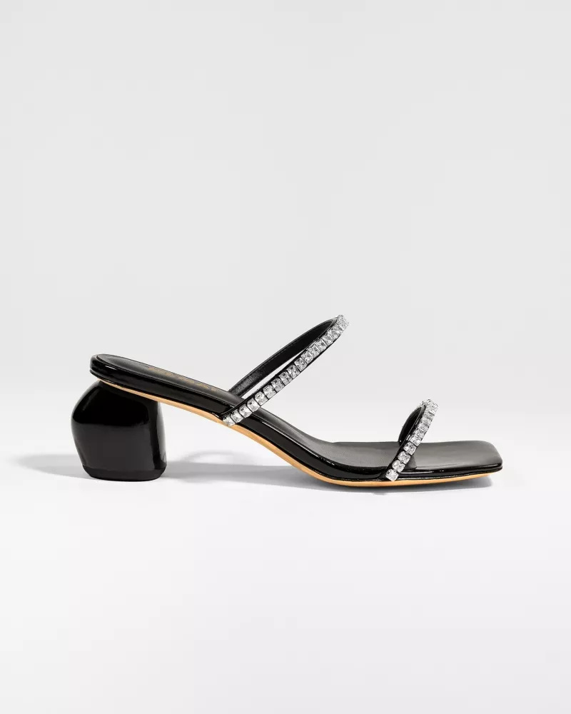 Mule sandal with small heel and rhinestone straps Tilda Low Black Crystals