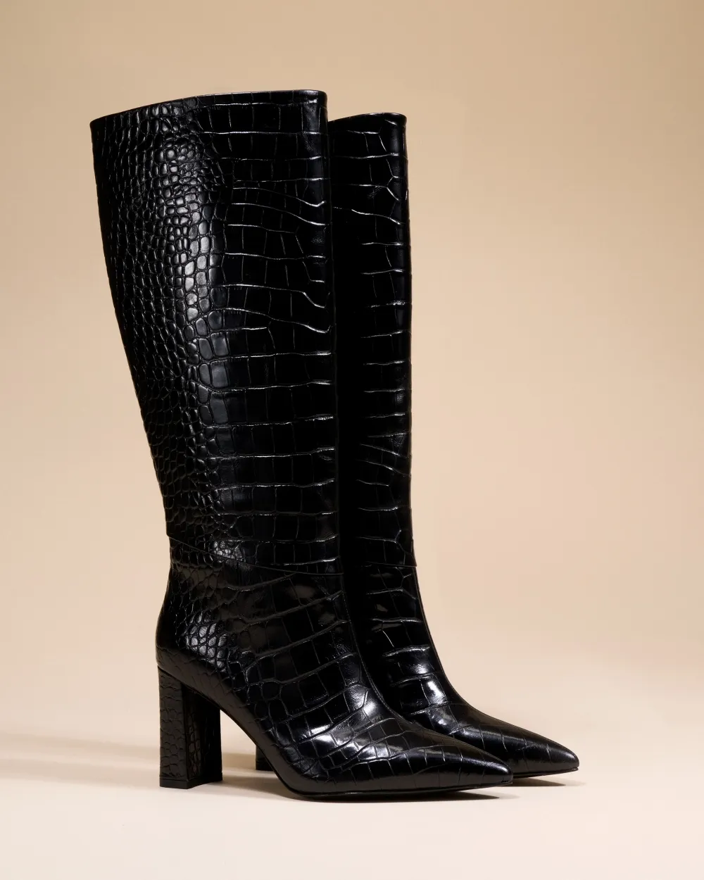 BLACK CROCODILE-STYLE BOOTS WITH HIGH BLOCK HEELS WASSILY BLACK CROC