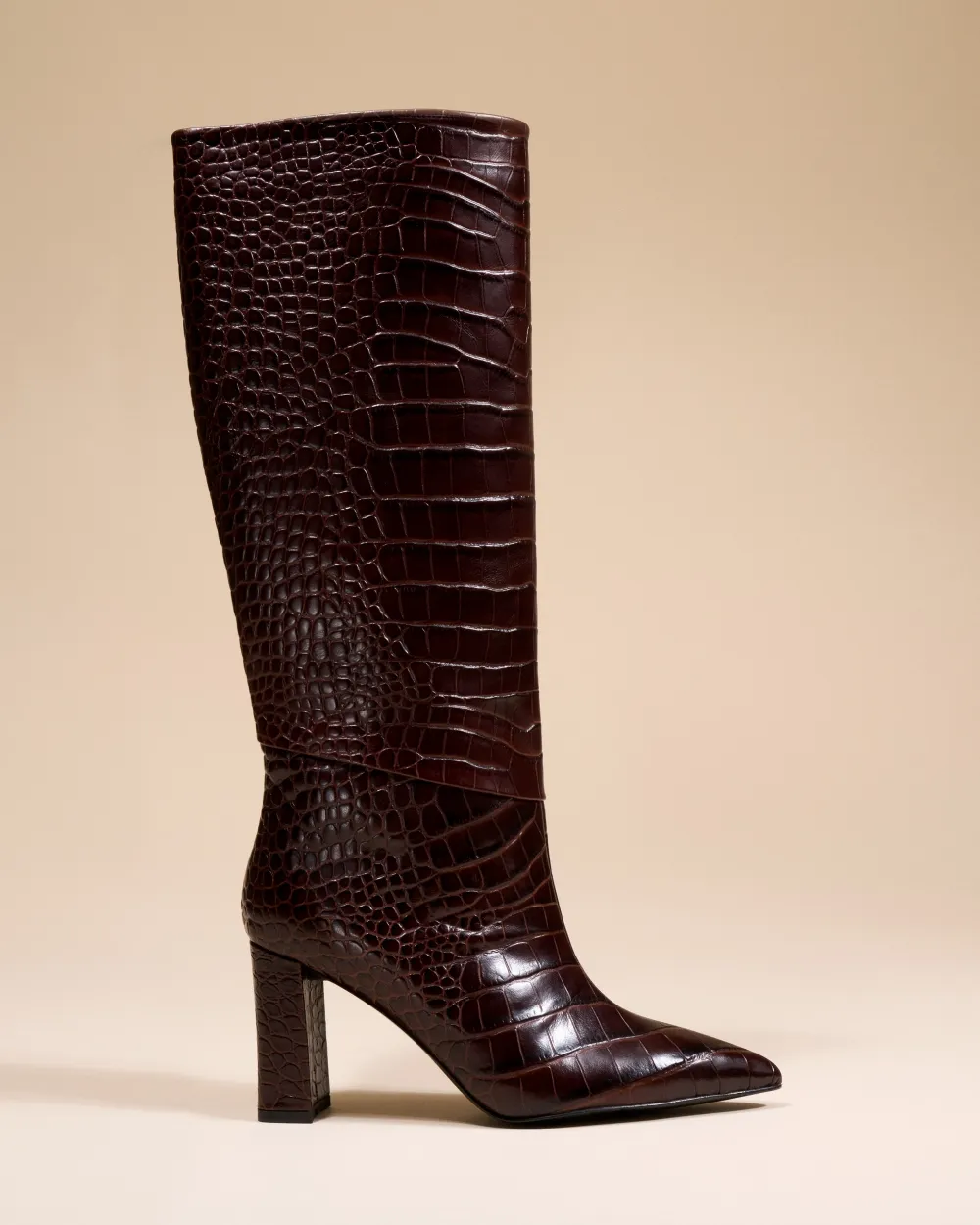 CHOCOLATE CROCODILE-STYLE BOOTS WITH HIGH BLOCK HEELS WASSILY CHOCOLATE CROC
