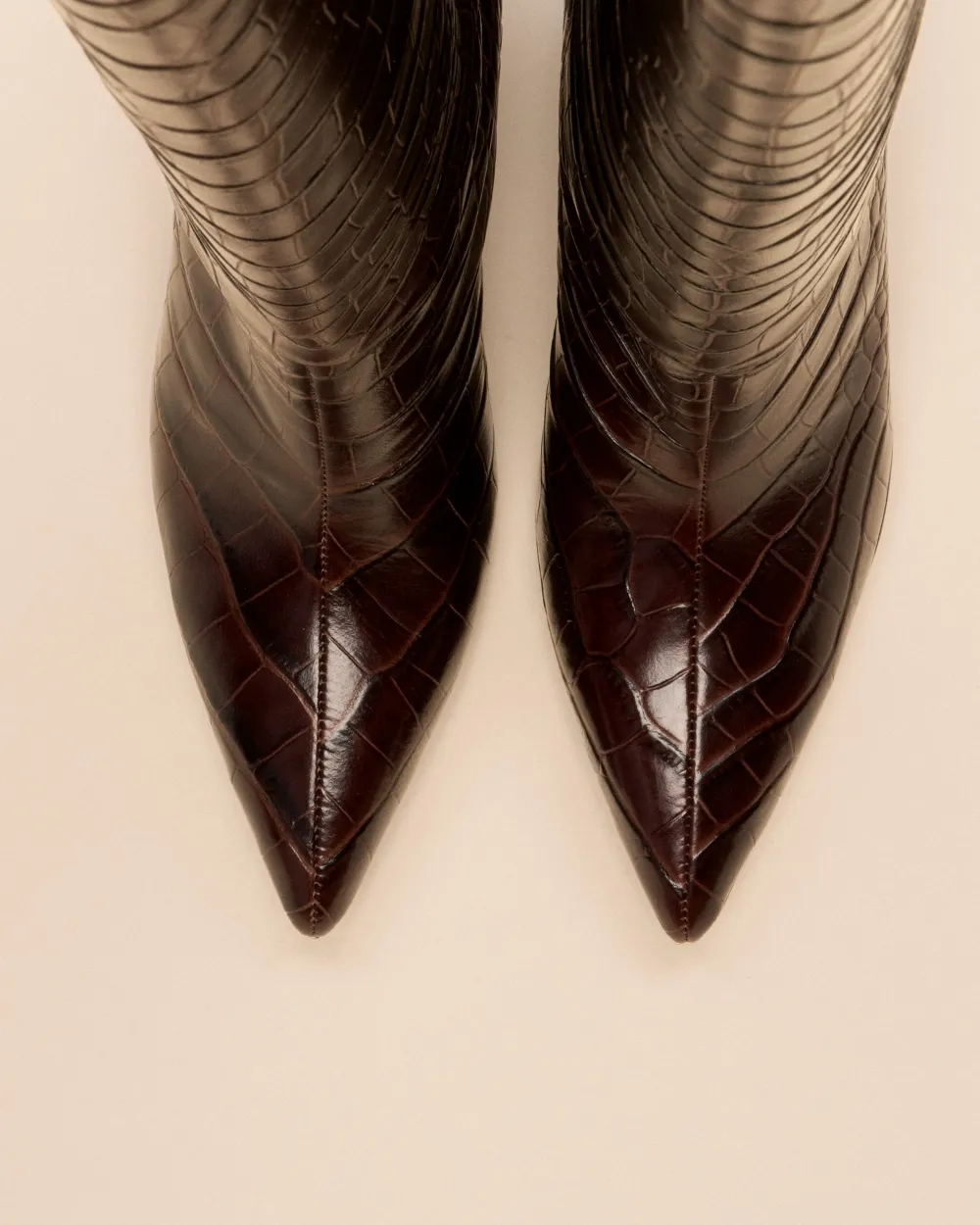 CHOCOLATE CROCODILE-STYLE BOOTS WITH HIGH BLOCK HEELS WASSILY CHOCOLATE CROC