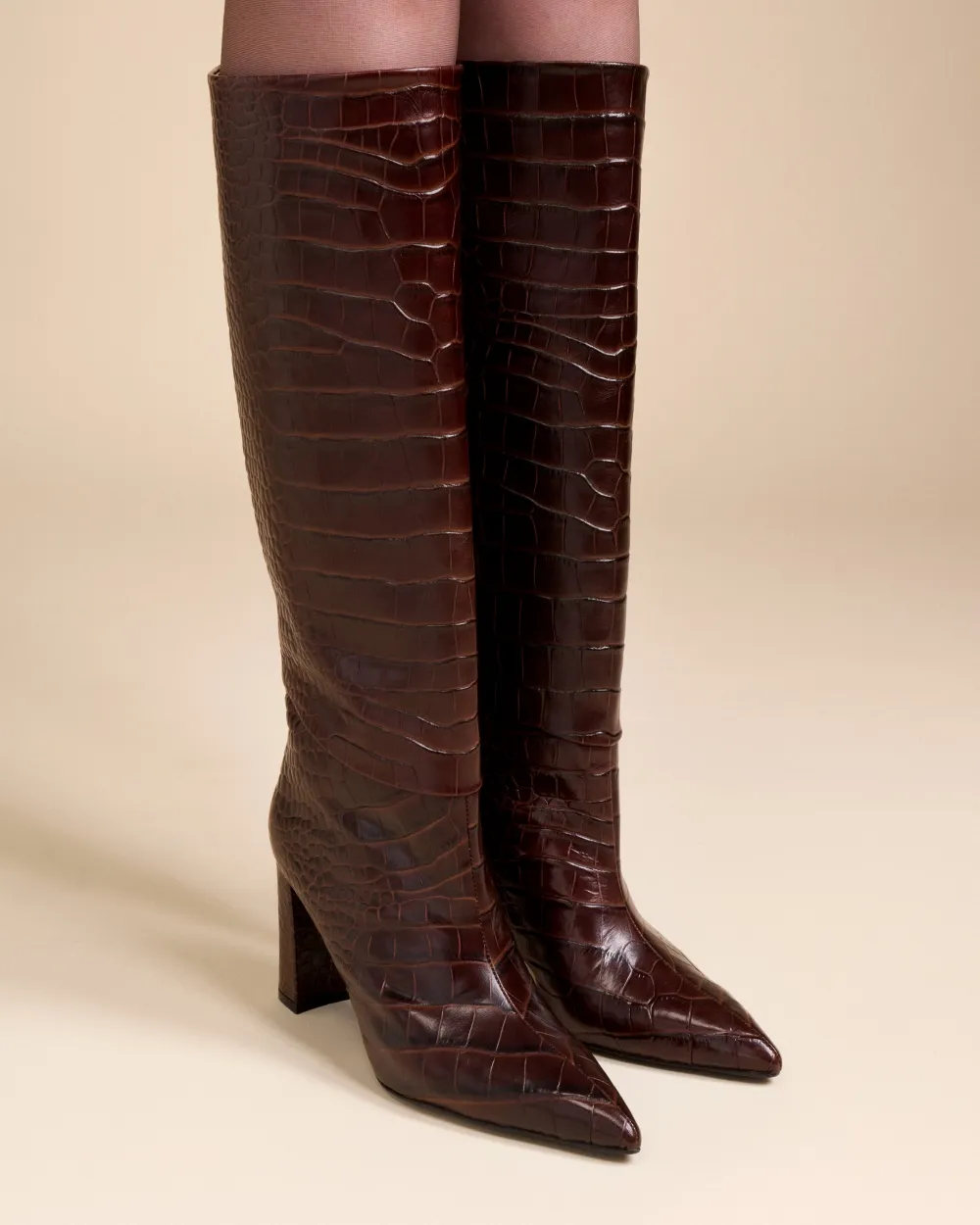 CHOCOLATE CROCODILE-STYLE BOOTS WITH HIGH BLOCK HEELS WASSILY CHOCOLATE CROC