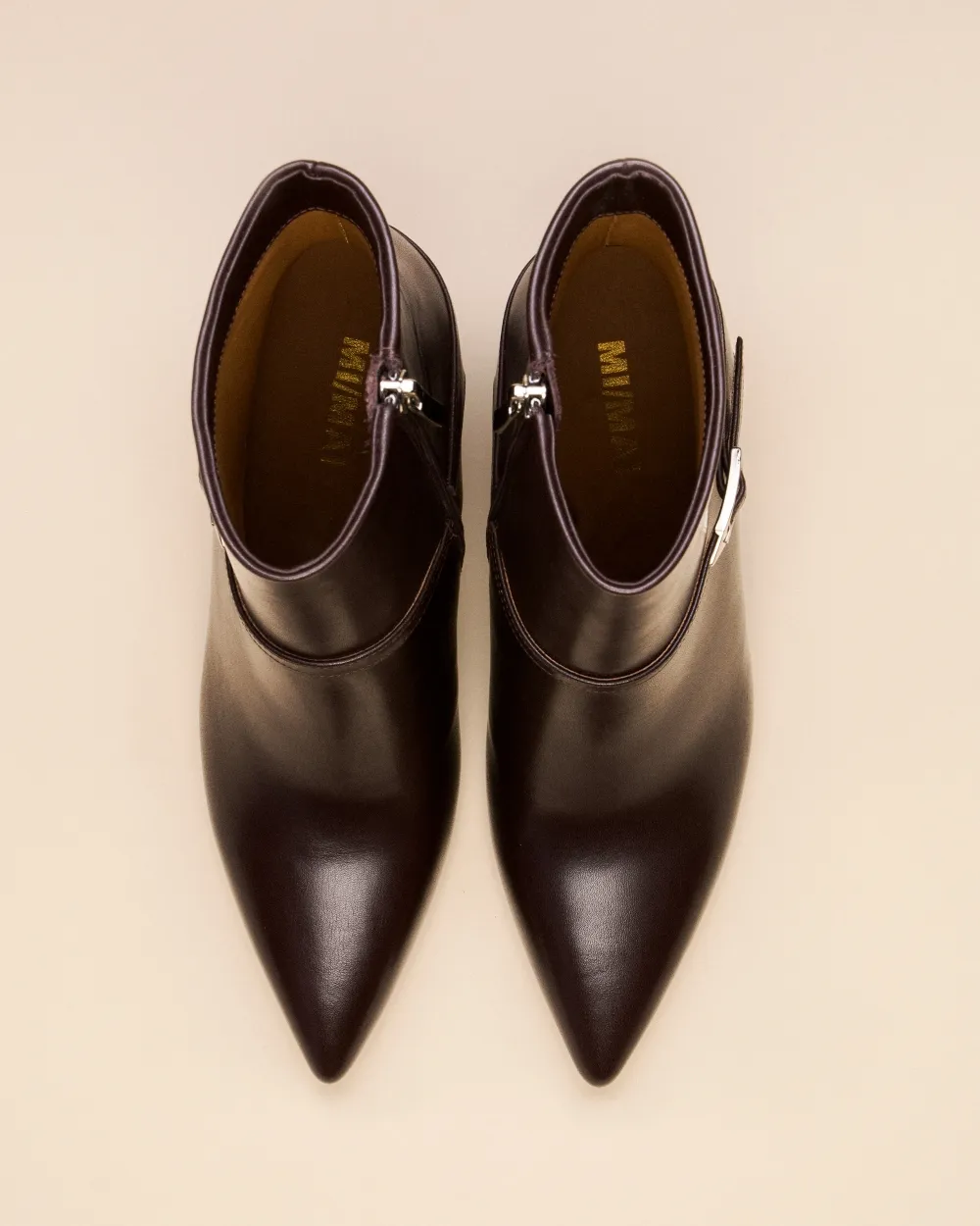 CHOCOLATE LEATHER LOW BOOTS WITH POINTED TOE AND STILETTO HEEL CALLAS CHOCOLATE