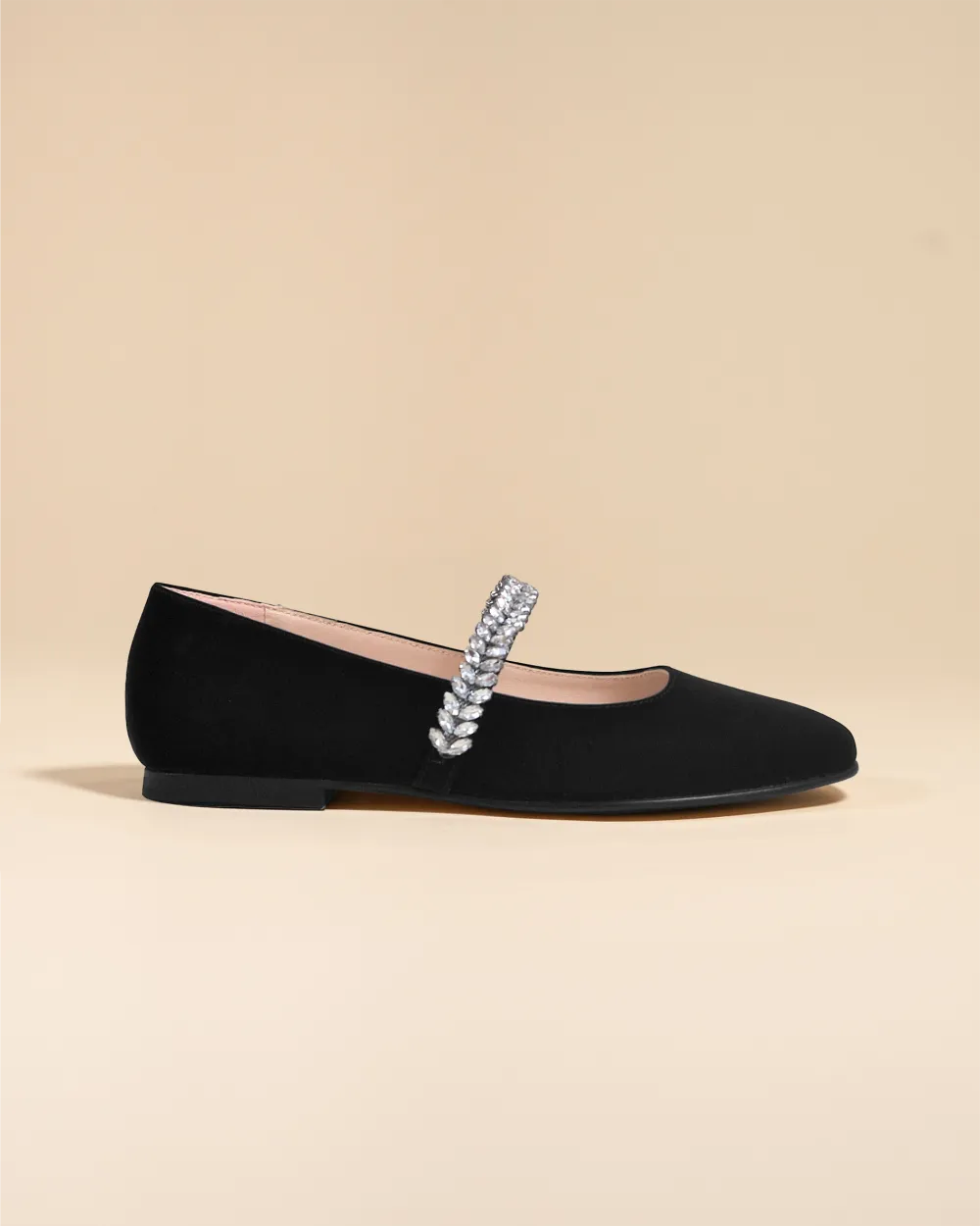Black leather ballerina flats with rhinestones Patsy Black