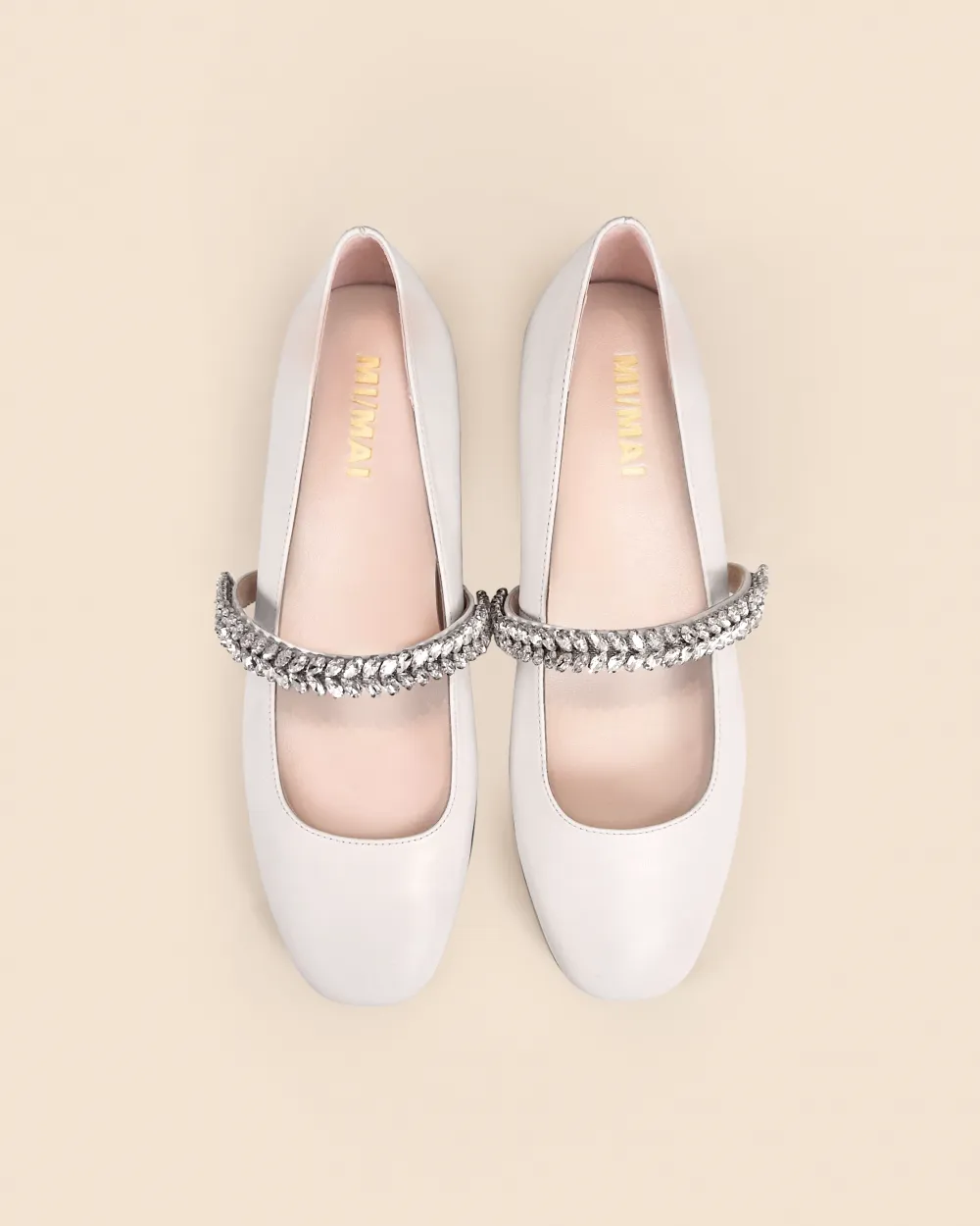 White leather ballerina flats with rhinestones Patsy White