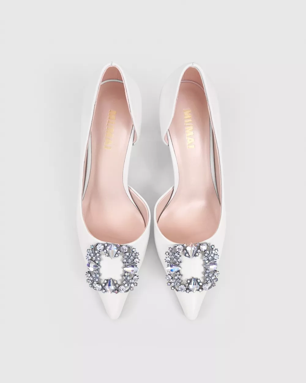Pointy Pumps in white leather with rhinestones and crystal ornaments Astoria White Satin