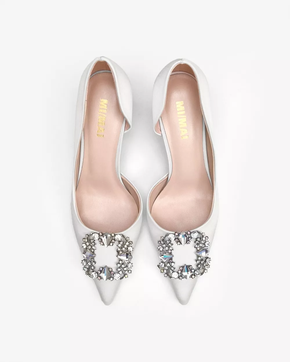 Pointy Pumps in white satin with rhinestones and crystal ornaments Astoria White Satin