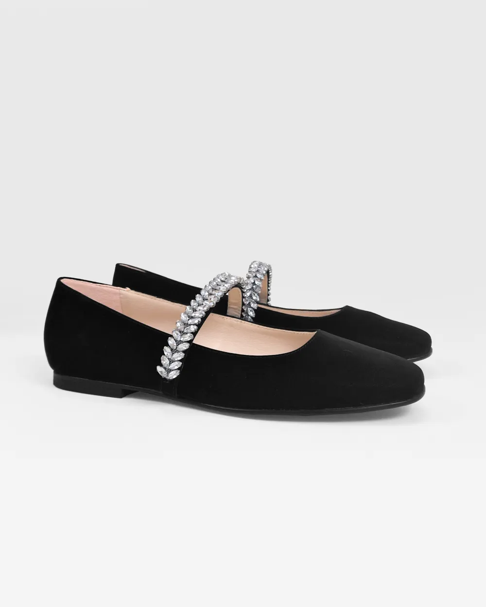 Black leather ballerina flats with rhinestones Patsy Black