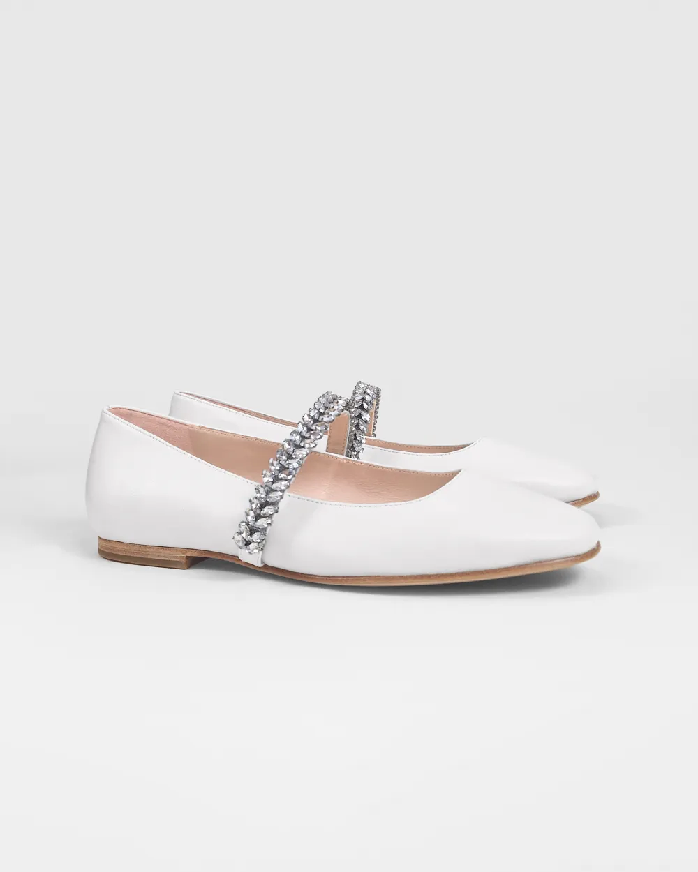 White leather ballerina flats with rhinestones Patsy White