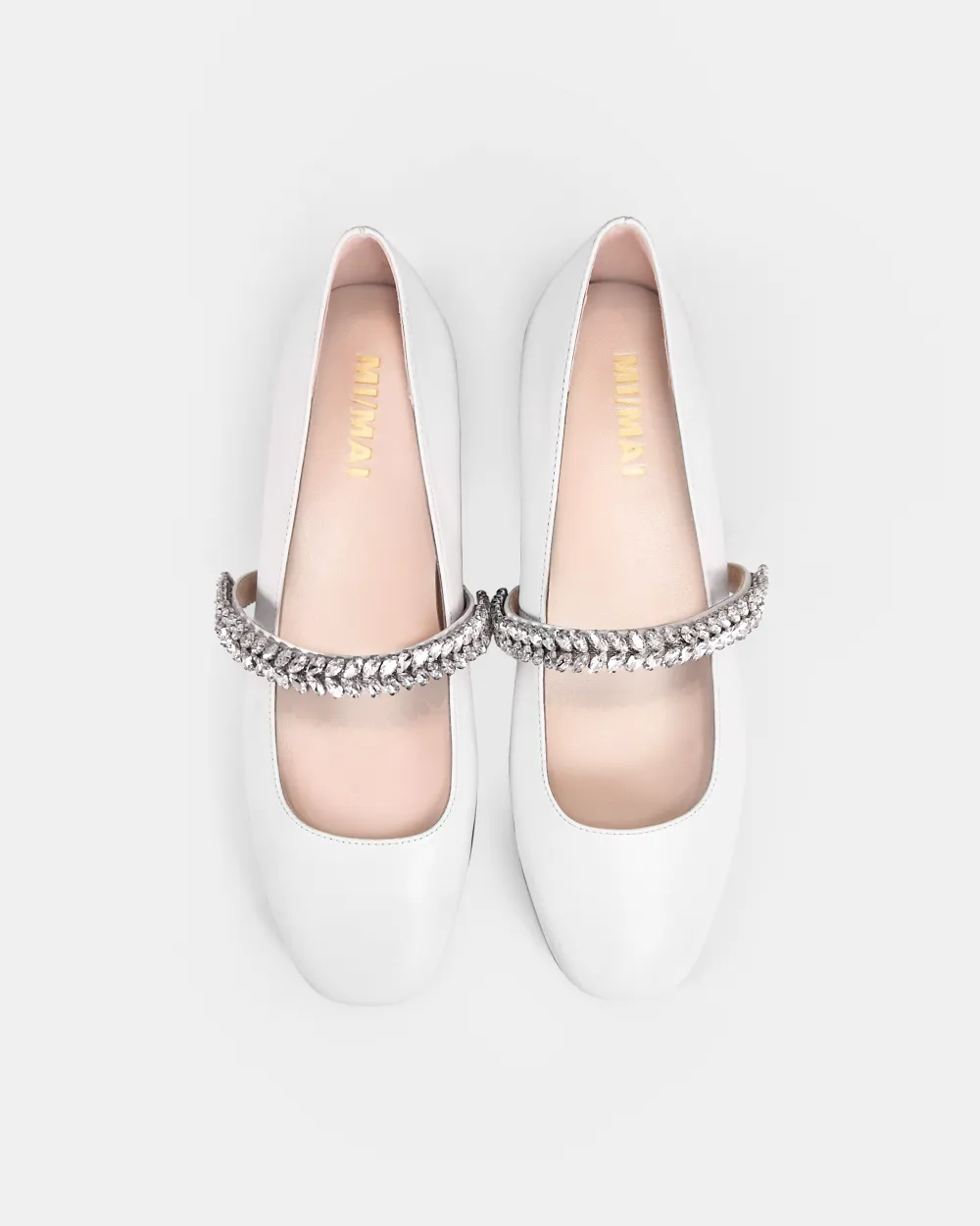 White leather ballerina flats with rhinestones Patsy White