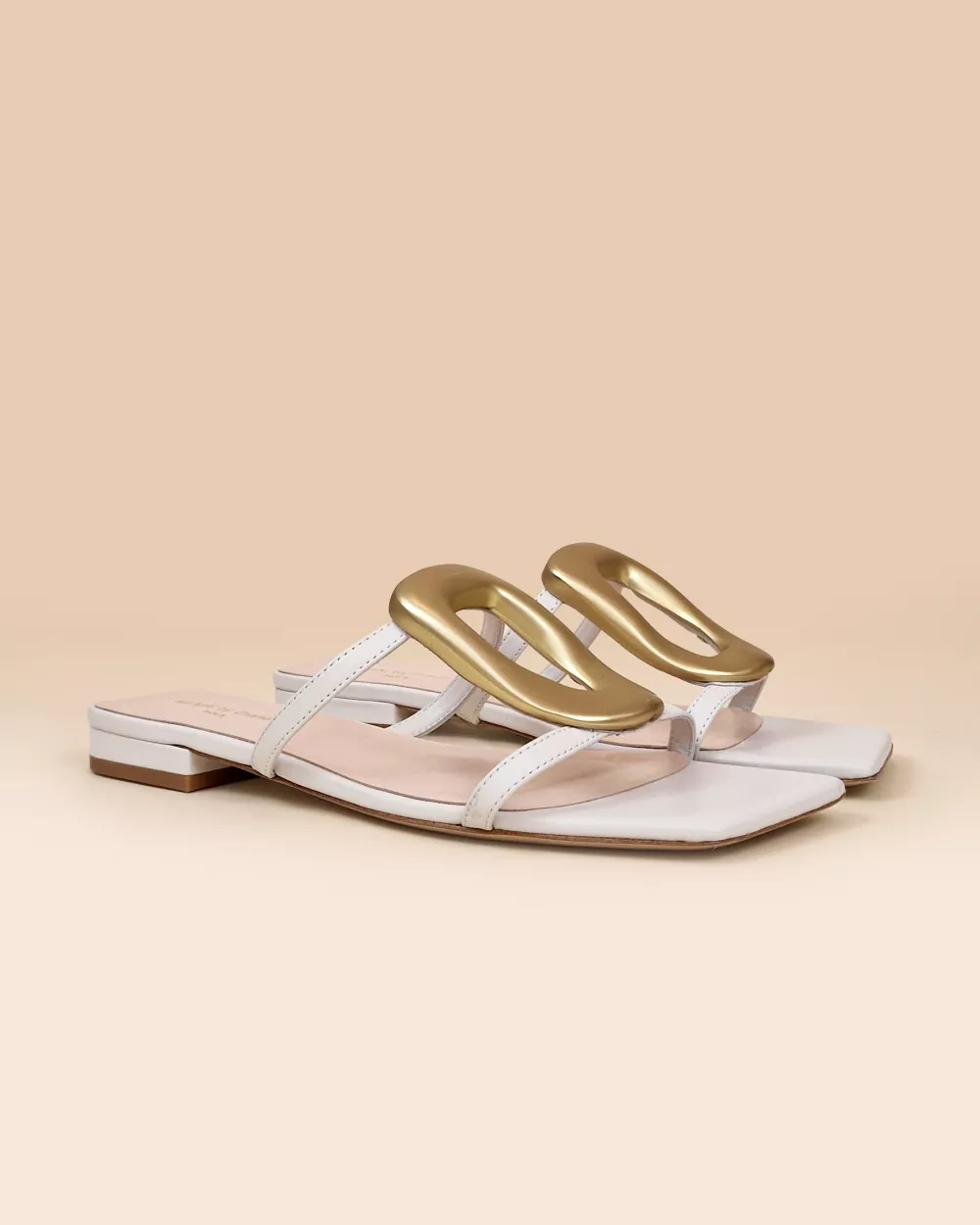 Kos White Flat Sandals with Golden Ornament