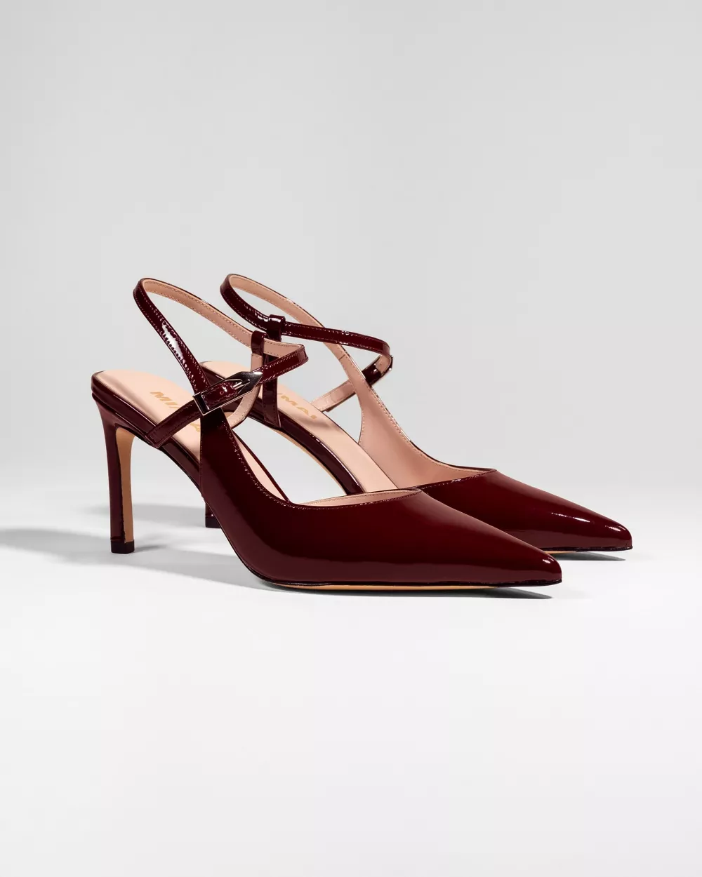 Leather slingback stiletto with pointed toe and strap Emy Burgundy Patent